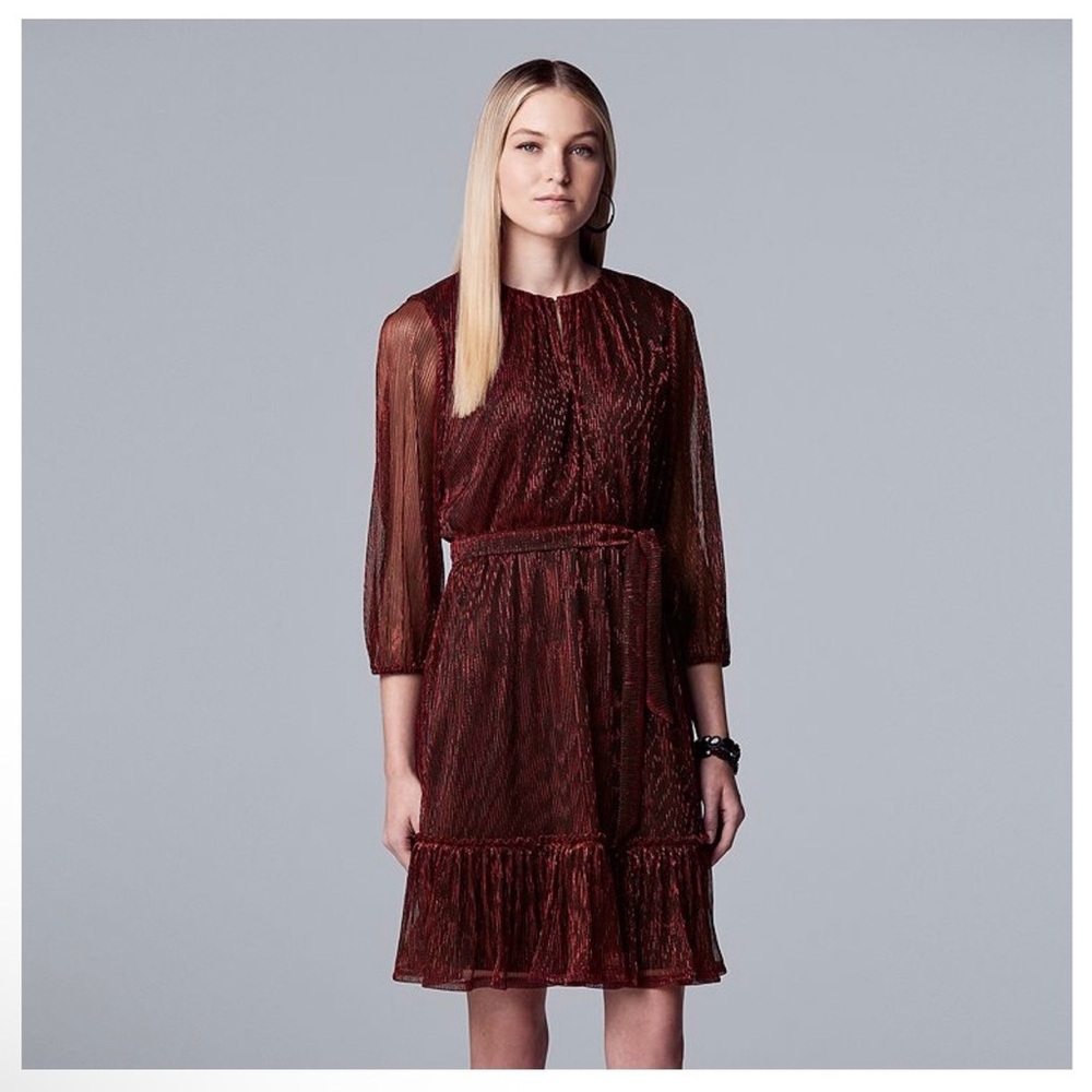 Simply Vera - Vera Wang Brand - Rich Burgundy/Red Sheer Festive Tie-Waist Dress